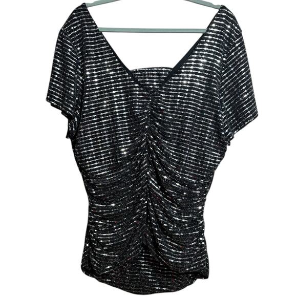 Avenue black & silver shiny sparkle flutter sleeve blouse with rouching 18/20 2X - Picture 5 of 8